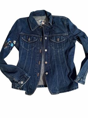 Vintage Kenzo Dark Blue Denim Jacket with Floral Embroidery size 44 (M)